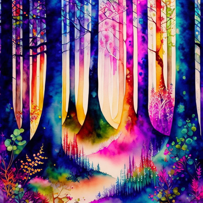 Colorful watercolor painting of whimsical forest with pink, purple, and blue hues