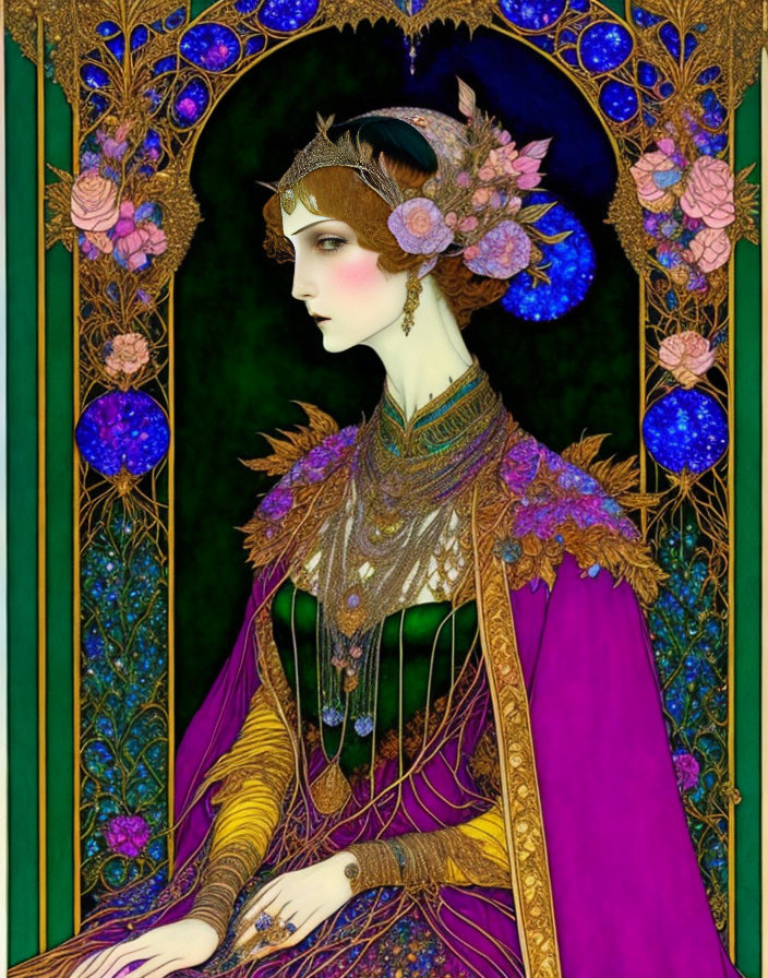 Art Nouveau style woman with ornate headdress and purple robe surrounded by floral and geometric patterns