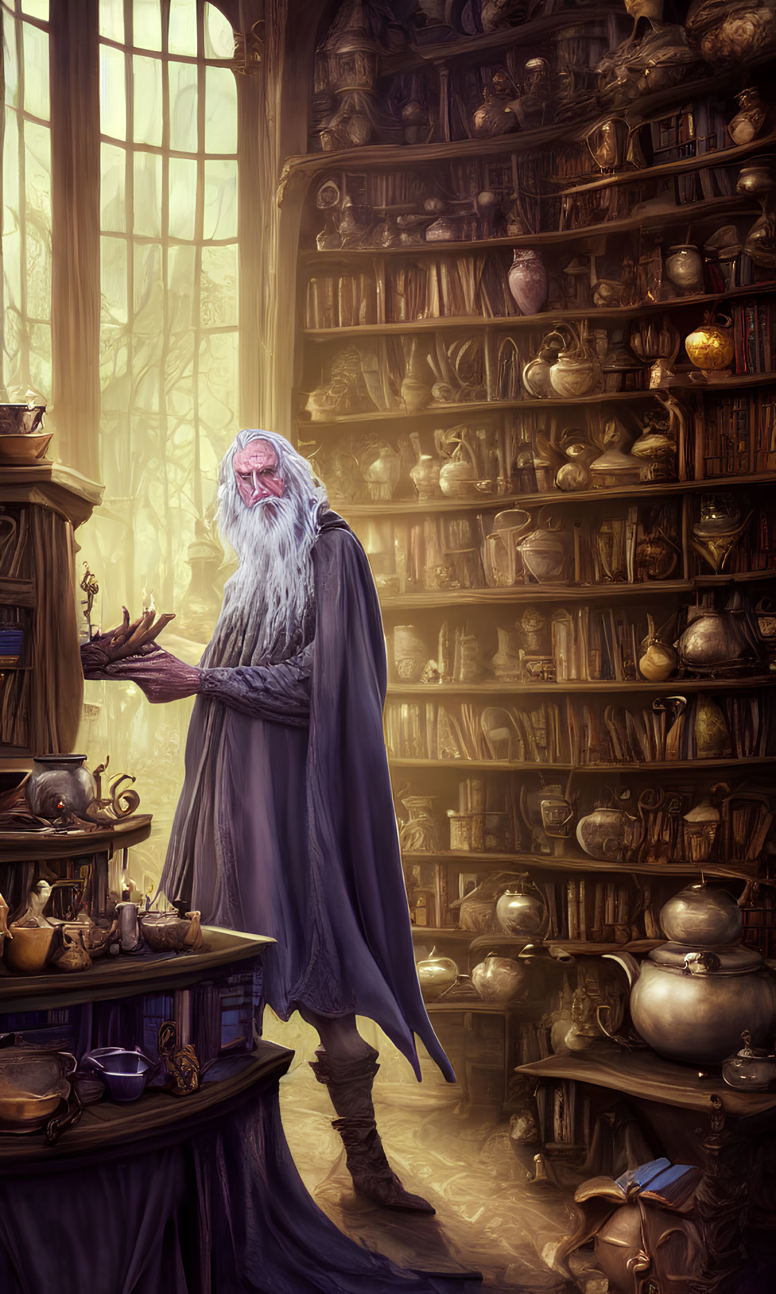 Elderly wizard in mystical library with ancient books