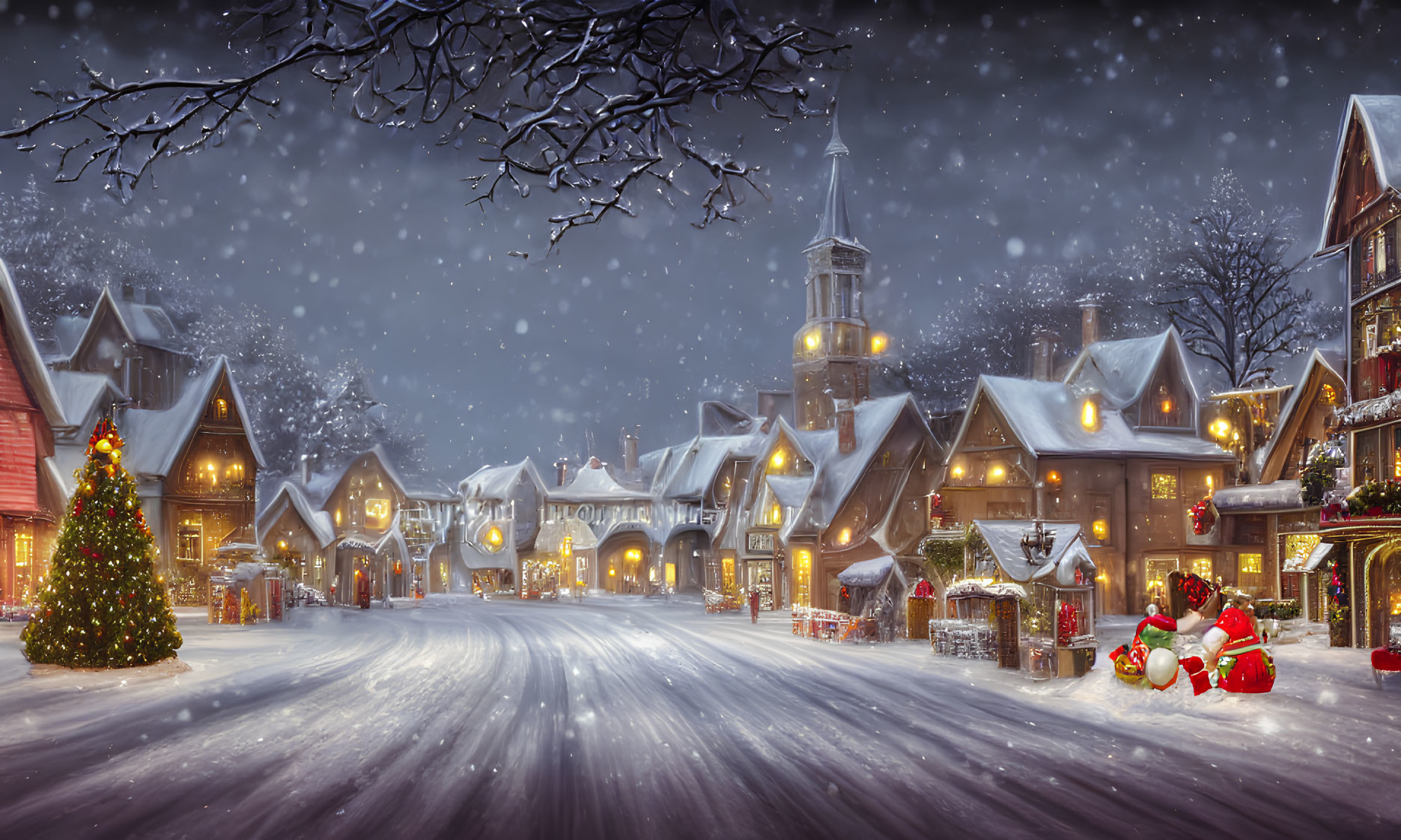 Snow-covered village street at night with festive decorations, illuminated buildings, Christmas tree, Santa Claus.