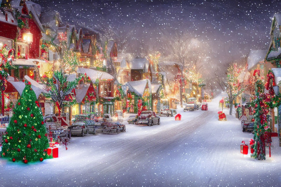 Snow-covered street with festive decorations and Christmas lights at night