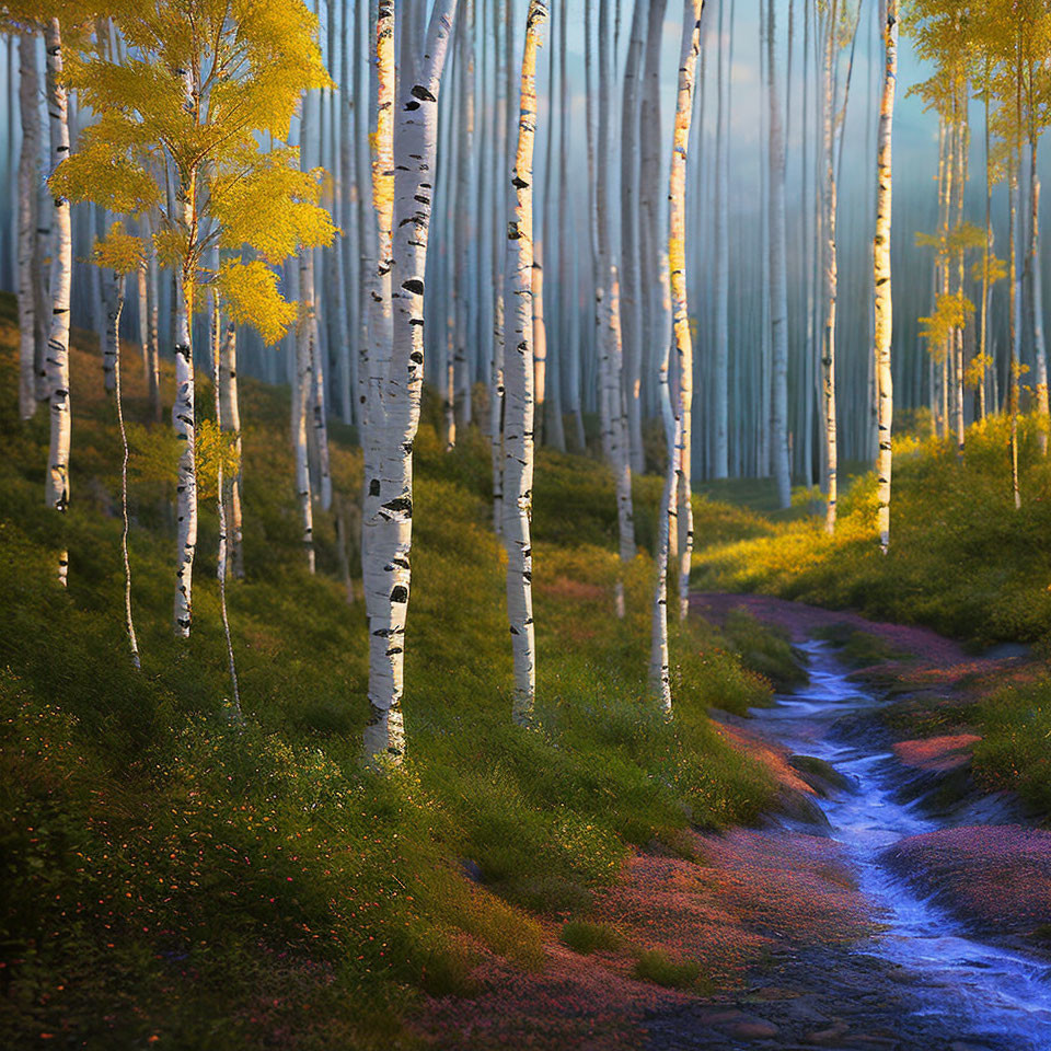 Tranquil forest path among white aspen trees and golden leaves