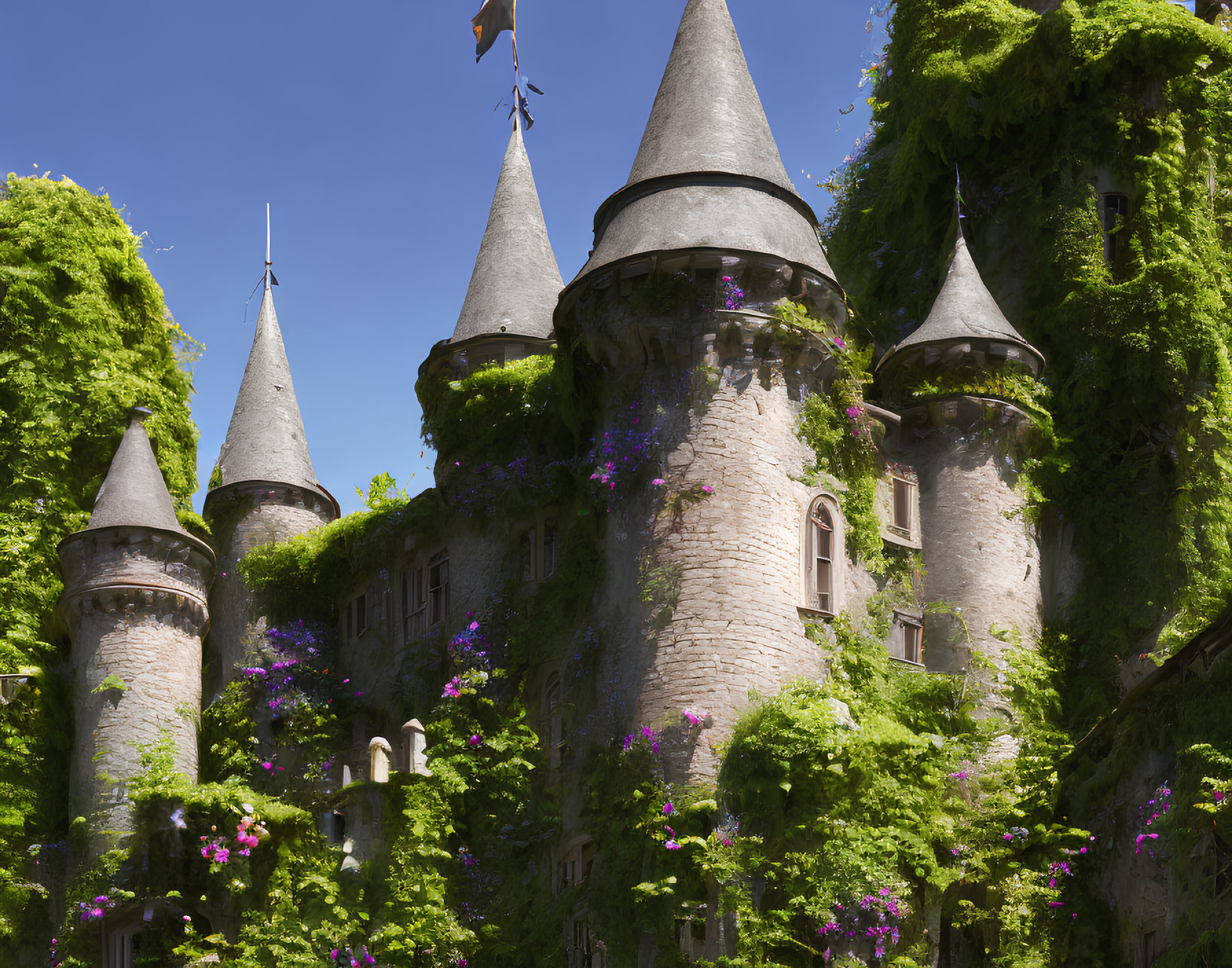 Ivy-covered fairytale castle with turrets and flowers