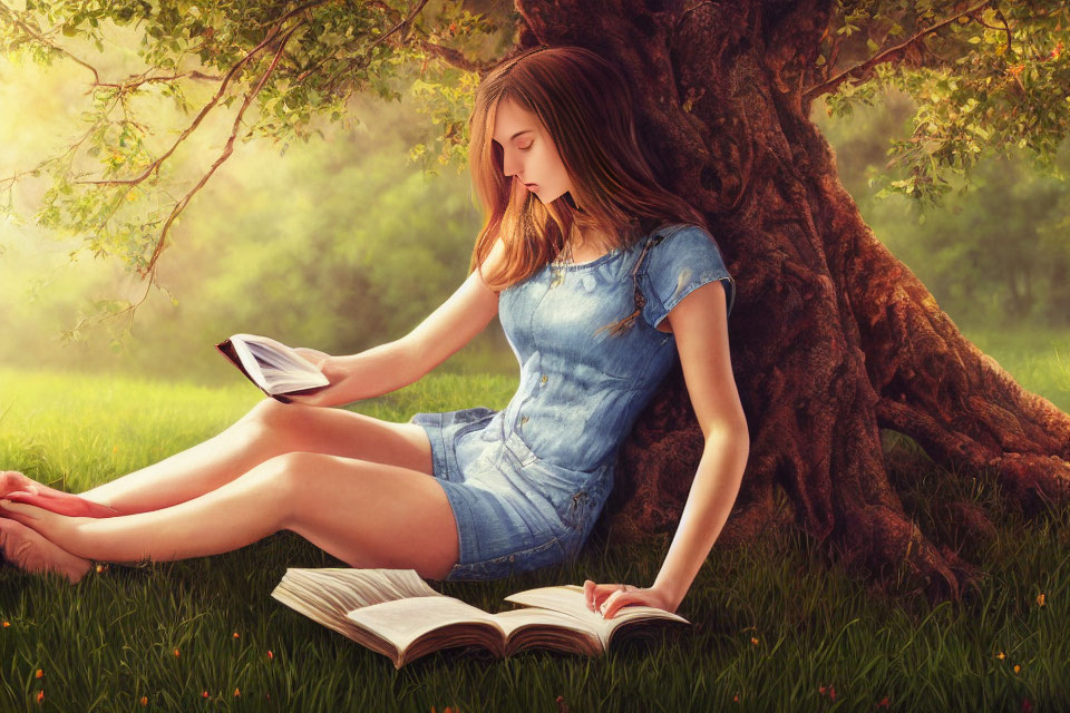 Young woman in denim dress reading book under tree