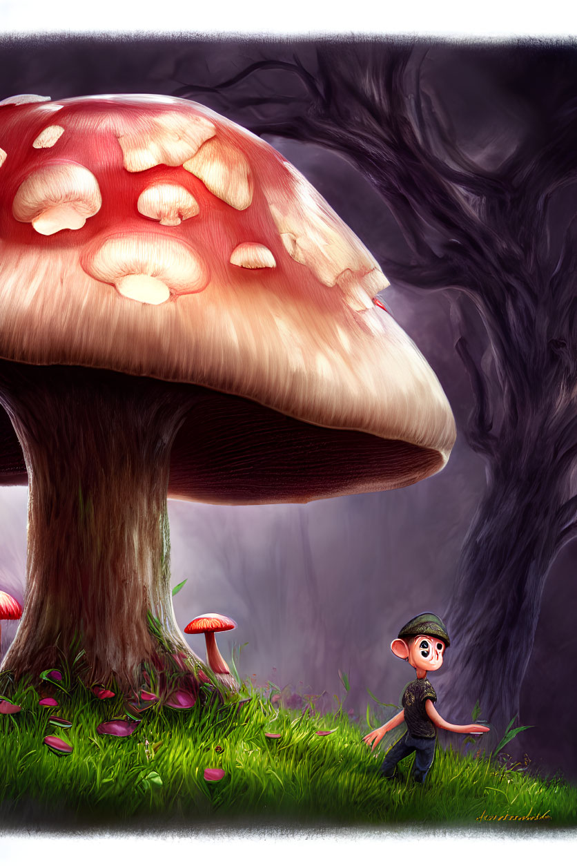 Child in forest with oversized mushrooms and goggles gazes at giant whimsical mushroom