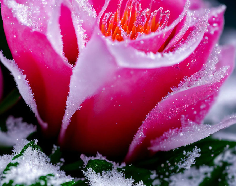 Vibrant pink flower with frost crystals on petals in green foliage