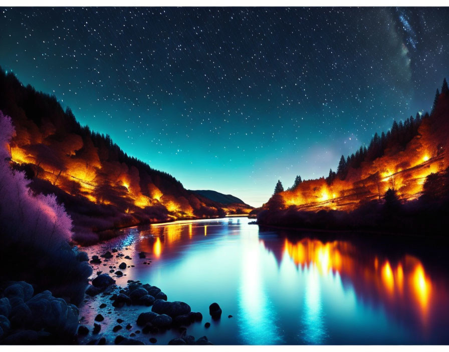 Tranquil night scene: starry sky, river, illuminated trees, mountain.