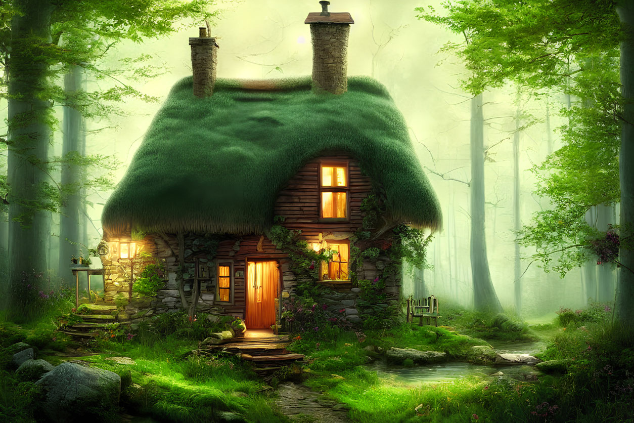 Enchanting Thatched Cottage in Mystical Green Forest