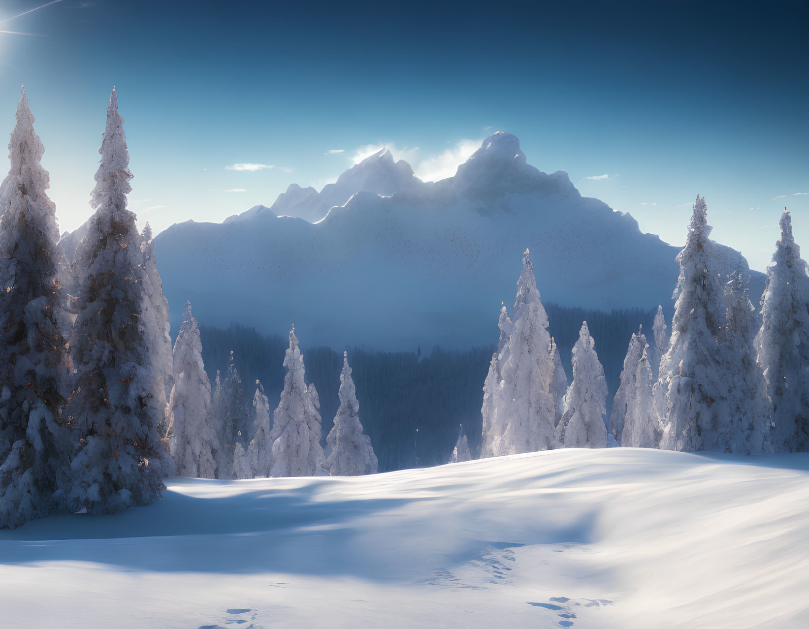 Scenic snow-covered trees against mountain backdrop