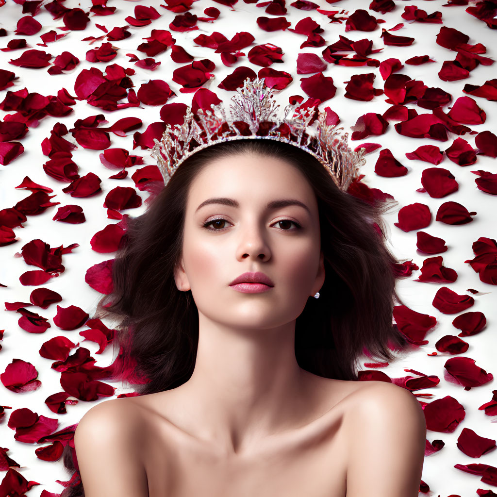 Woman with Crown and Rose Petals in Serene Pose