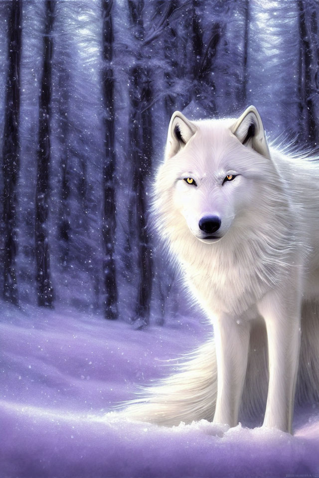 Majestic white wolf with yellow eyes in snowy forest