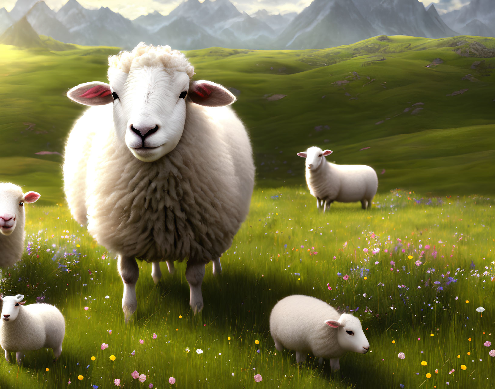 Tranquil landscape with sheep grazing in lush greenery