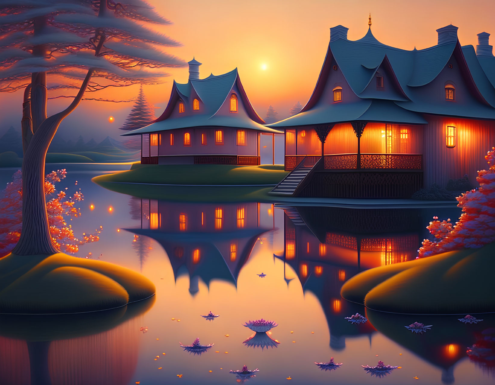 Tranquil Sunset Landscape with Traditional Houses and Water Reflections