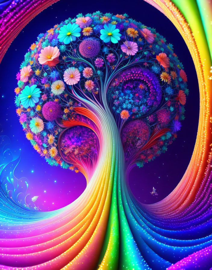 Colorful Psychedelic Tree with Fantastical Flowers on Cosmic Background