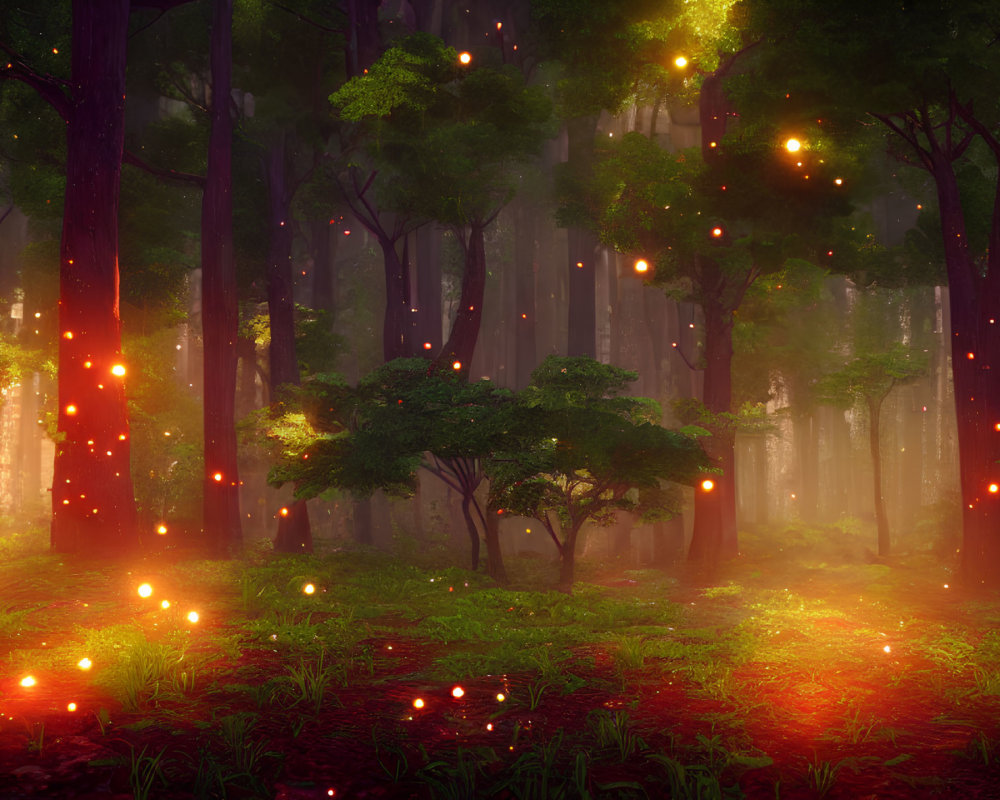 Mystical forest scene with fireflies, sunbeams, and glowing floor