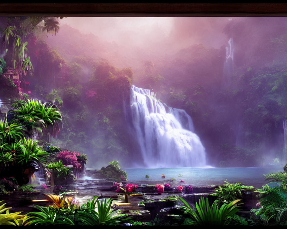 Vibrant tropical waterfall with mist and pink sky