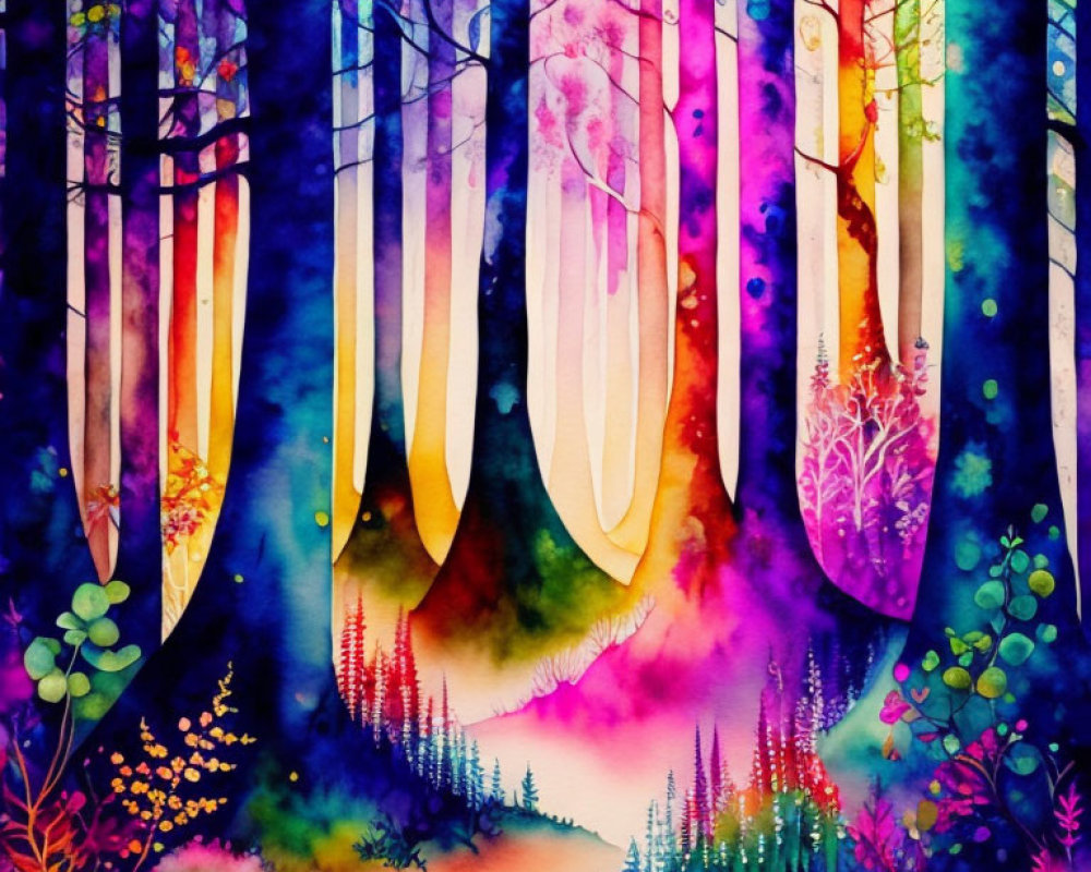 Colorful watercolor painting of whimsical forest with pink, purple, and blue hues