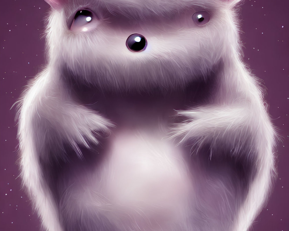 Whimsical fluffy pig-like creature on starry purple backdrop