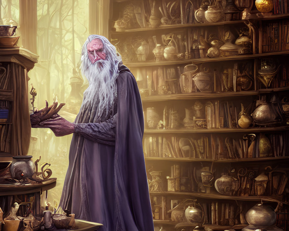 Elderly wizard in mystical library with ancient books