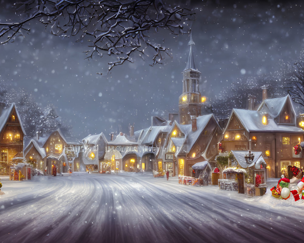 Snow-covered village street at night with festive decorations, illuminated buildings, Christmas tree, Santa Claus.