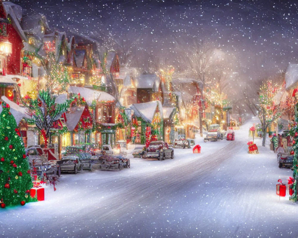 Snow-covered street with festive decorations and Christmas lights at night