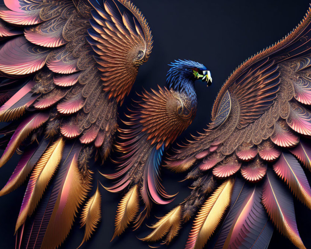 Stylized brown, gold, and copper eagles in flight on dark background