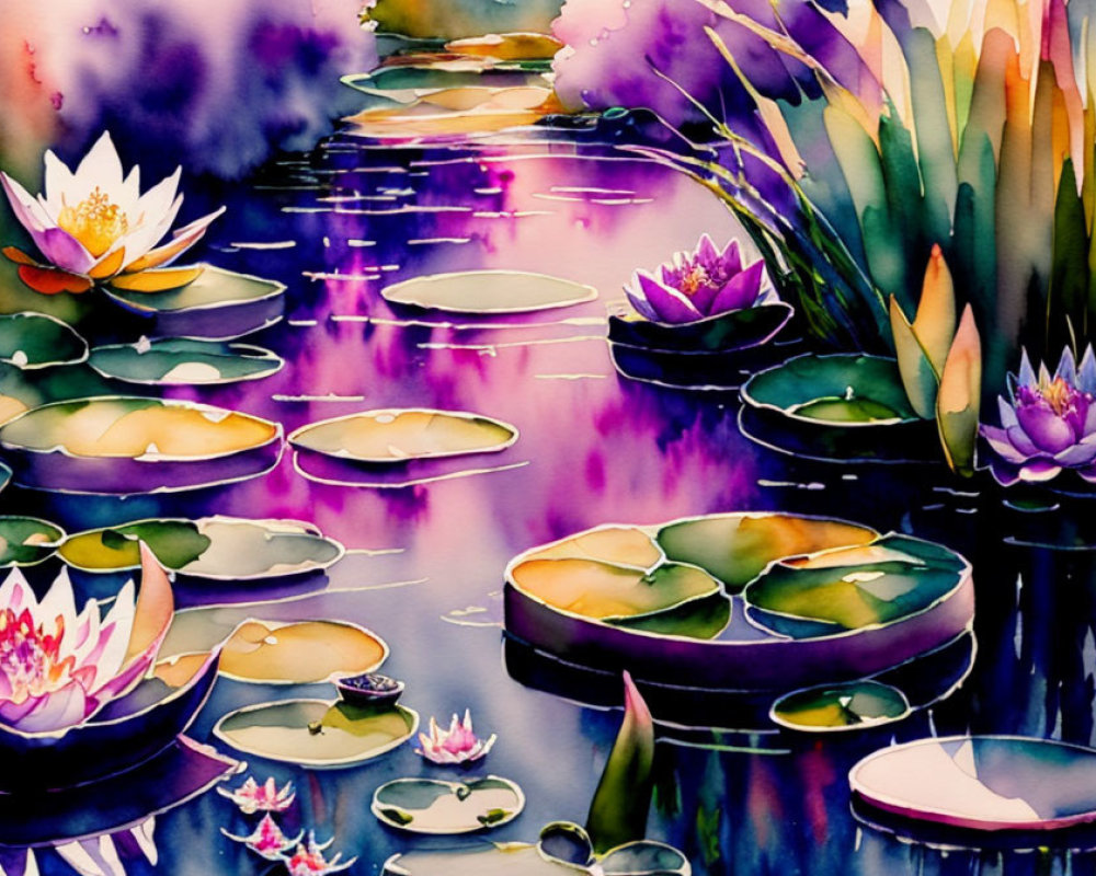 Serene pond with lily pads and lotus flowers in purple and pink