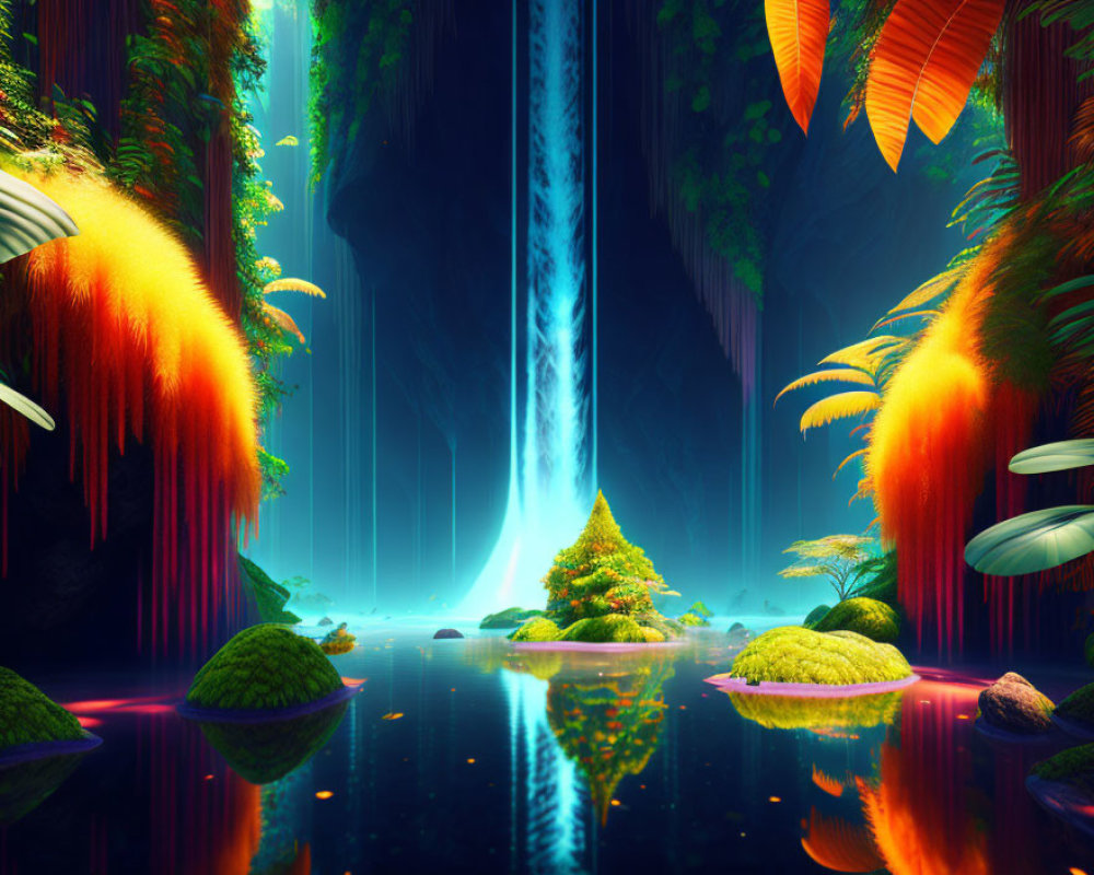 Surreal landscape with glowing tree, waterfall, and reflective pond