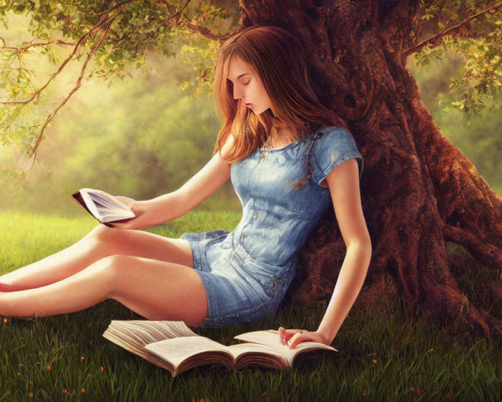 Young woman in denim dress reading book under tree