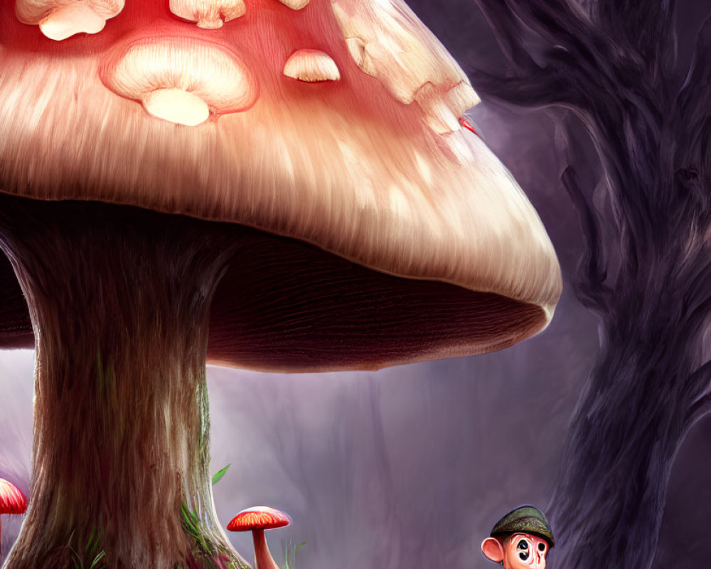 Child in forest with oversized mushrooms and goggles gazes at giant whimsical mushroom