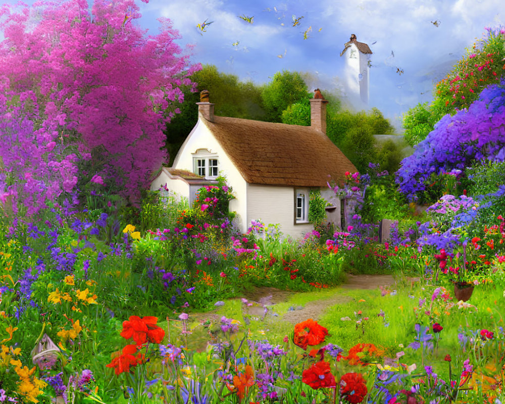 Thatched roof cottage in colorful garden under sunny sky