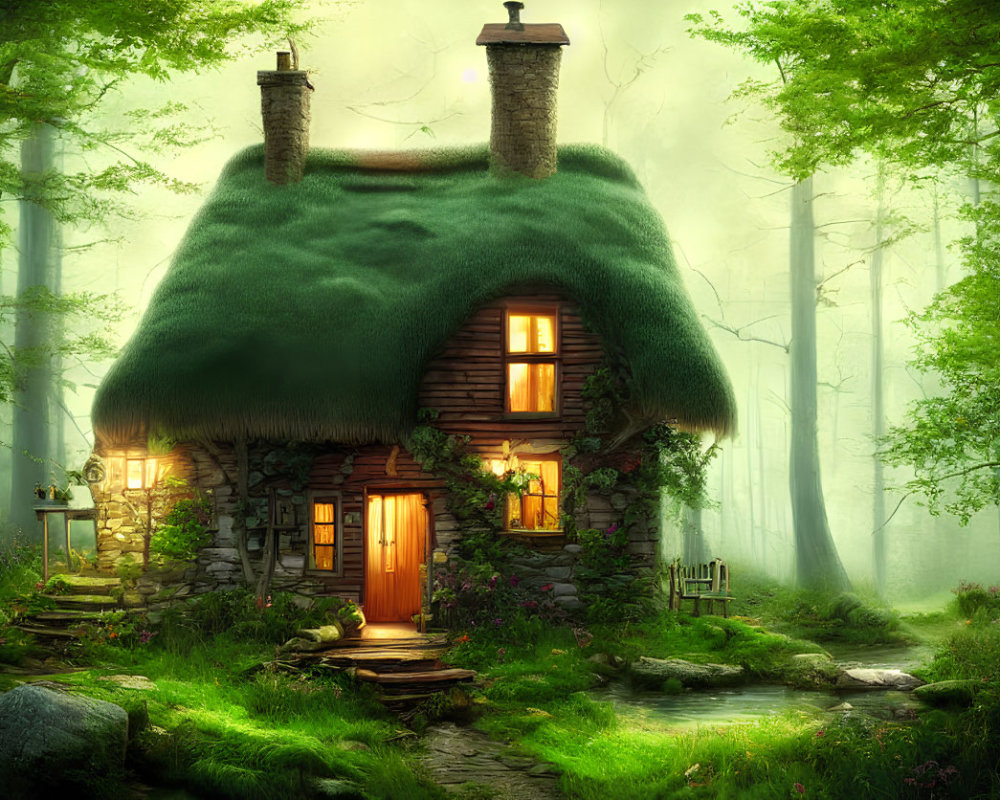 Enchanting Thatched Cottage in Mystical Green Forest