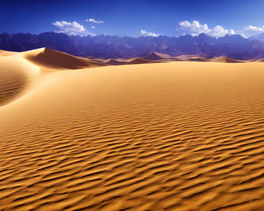 Ripple-patterned golden sand dunes and rugged mountains under a blue sky