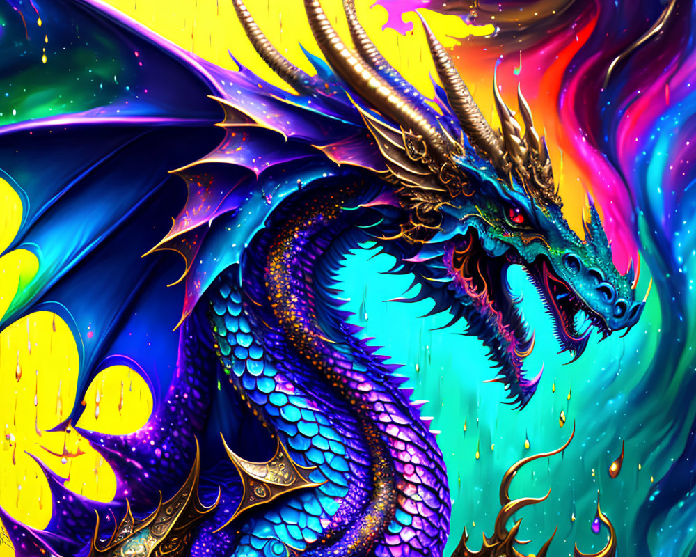 Colorful Dragon Illustration with Blue Scales and Gold Accents on Cosmic Background