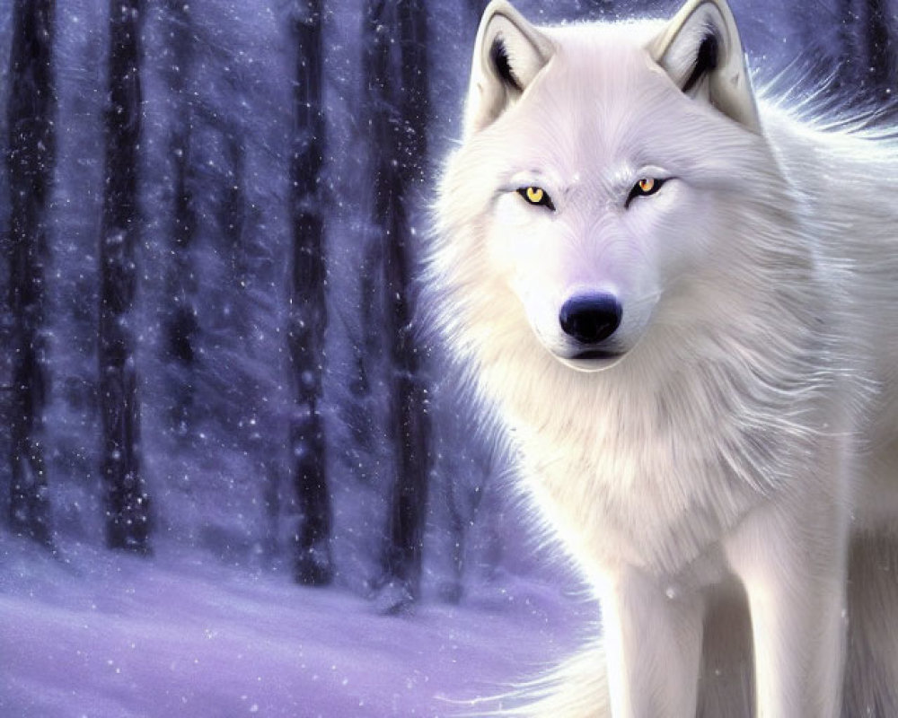 Majestic white wolf with yellow eyes in snowy forest