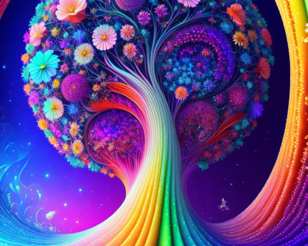 Colorful Psychedelic Tree with Fantastical Flowers on Cosmic Background