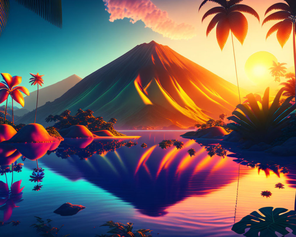 Colorful Tropical Scene: Volcano, Palm Trees, Sunset Reflections