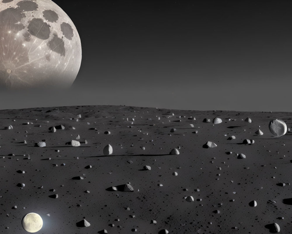 Detailed Lunar Landscape with Large Moon and Rocky Terrain