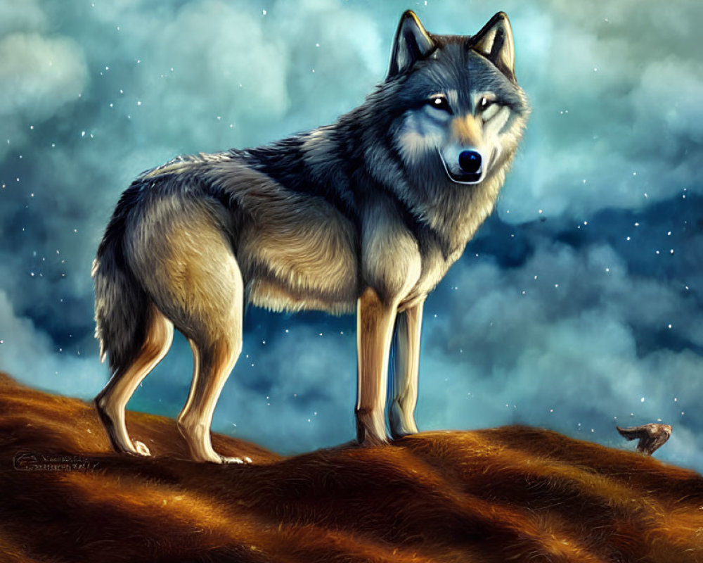 Wolf on hilltop under full moon and stars