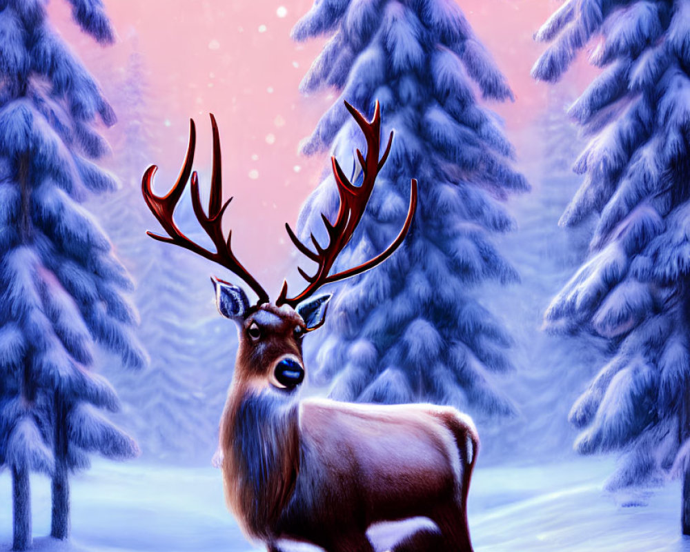 Majestic stag with large antlers in snowy forest at twilight