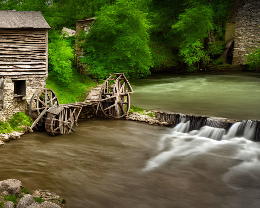 Rustic watermill by river with wooden wheels and waterfall