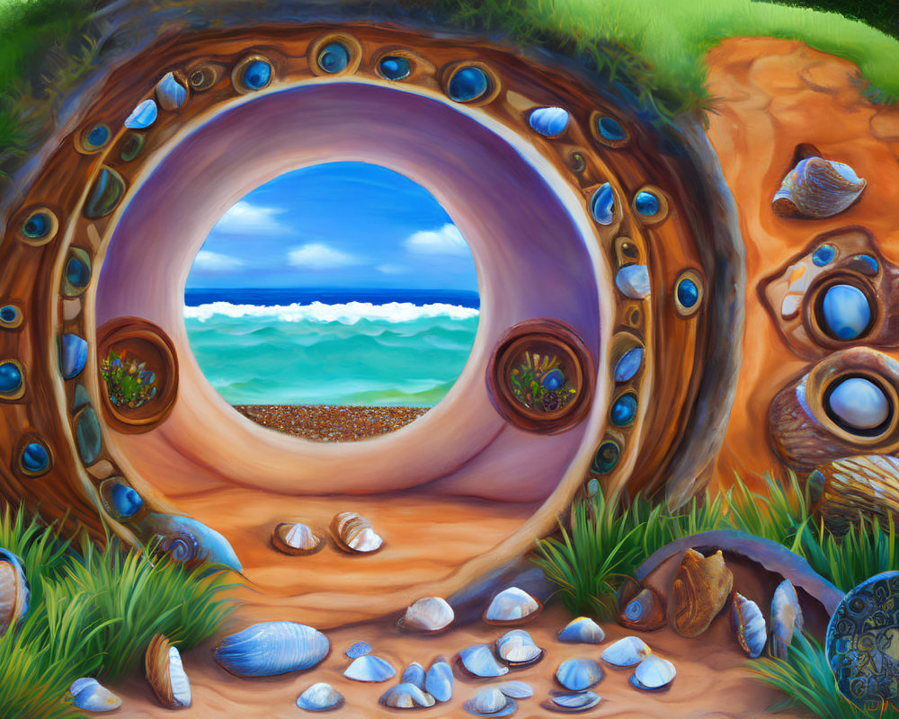 Illustration of round hobbit-like door on grassy hill by ocean