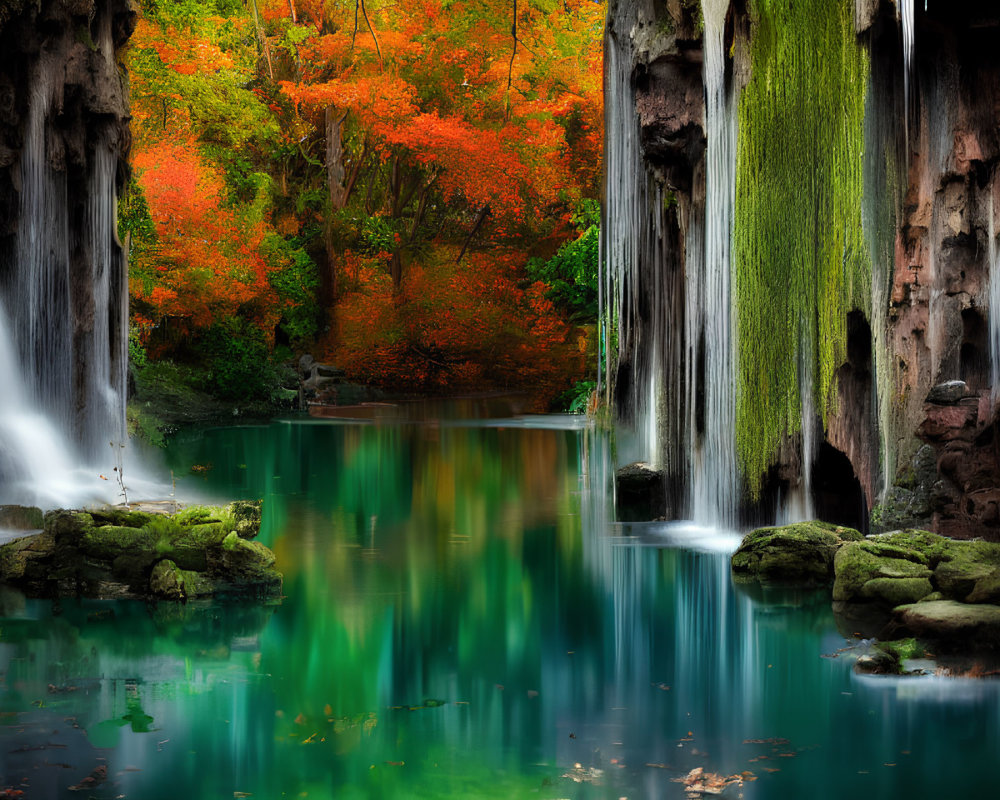 Serene waterfall oasis with moss, autumn leaves, and emerald waters