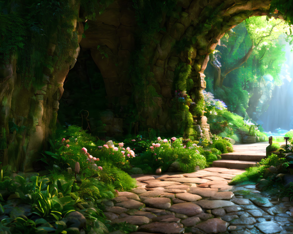 Enchanted forest pathway with lush greenery and vibrant flowers