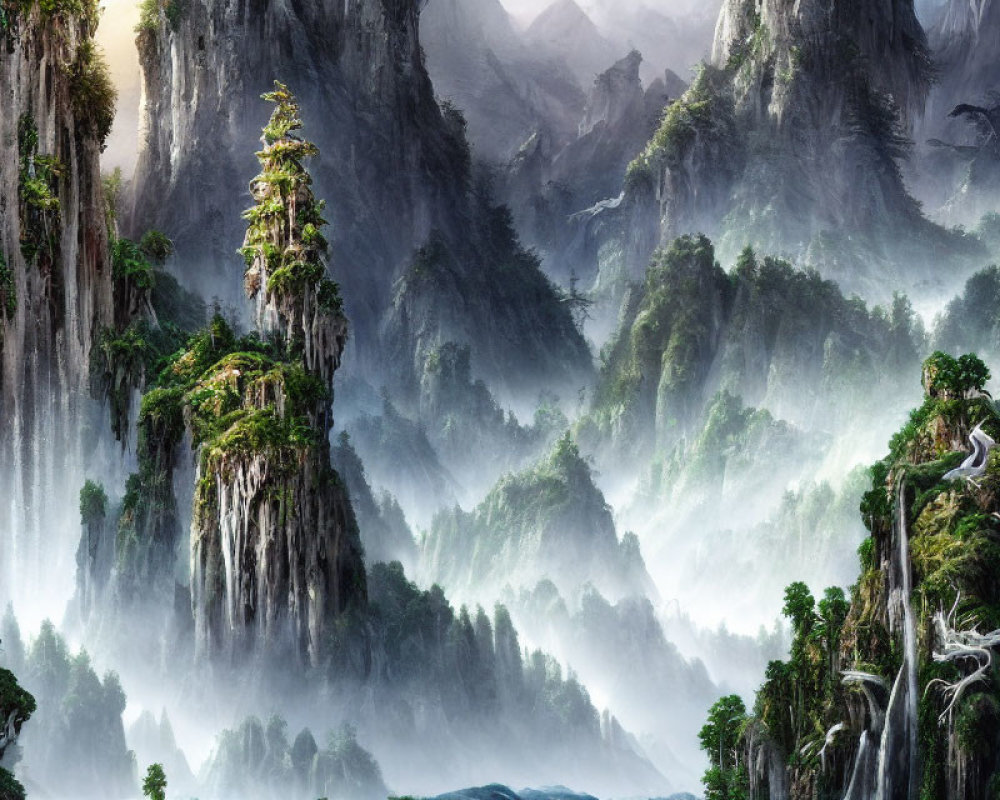 Majestic landscape with cliffs, waterfalls, and misty mountains