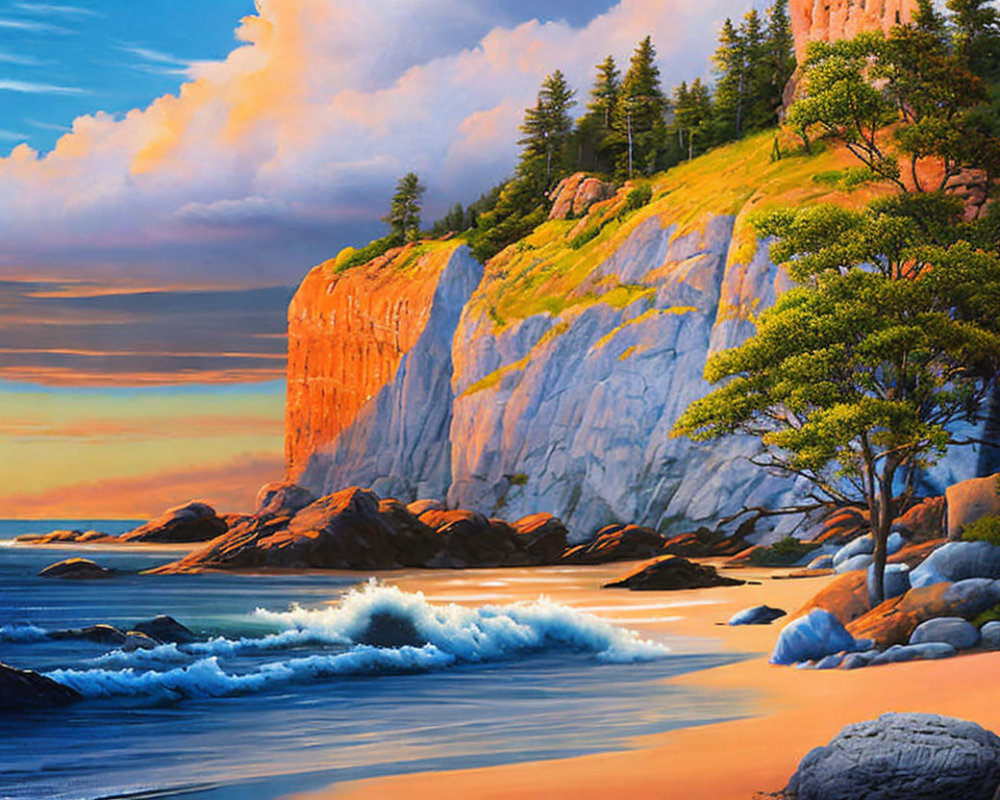 Scenic sunset over rugged cliff and serene beach