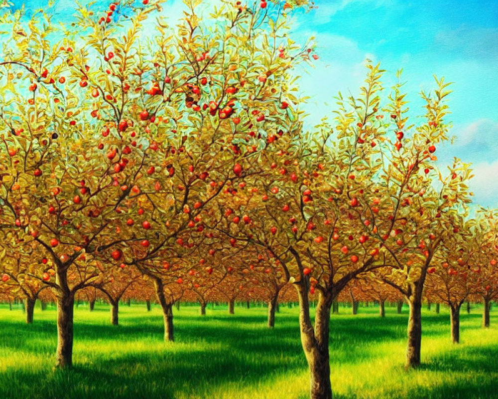 Lush apple orchard with rows of red fruit trees under blue sky