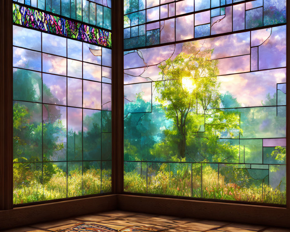 Colorful stained glass window in forest setting with sunlight patterns.