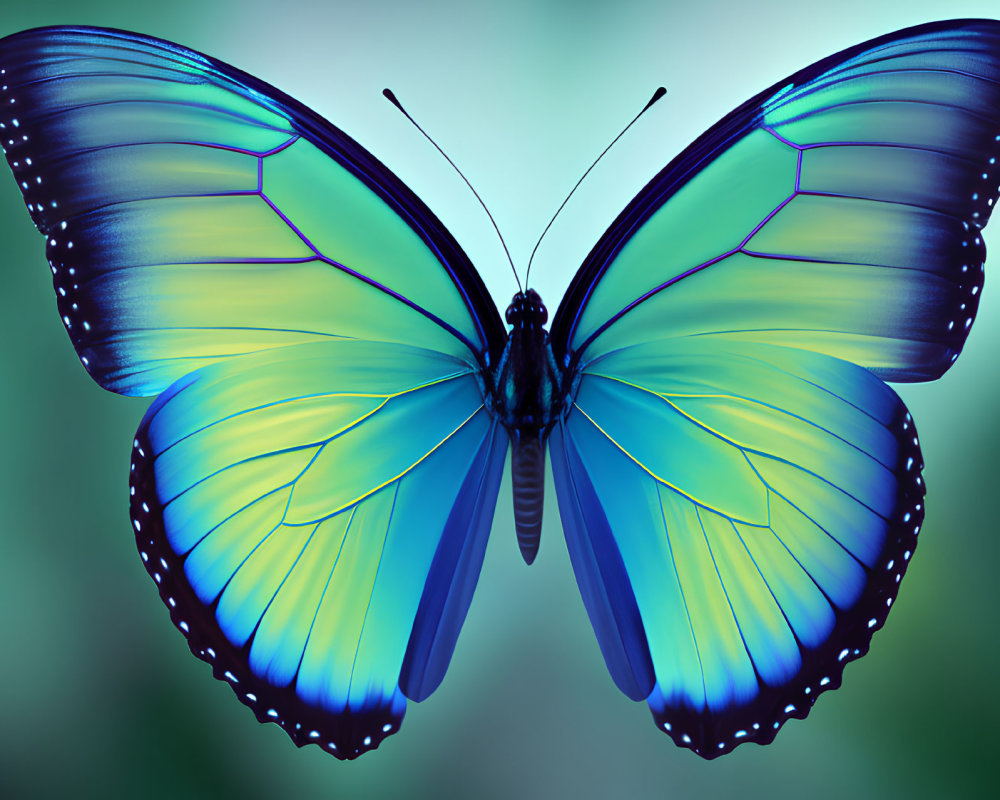 Vivid Blue Butterfly with Translucent Wings on Soft Green Background