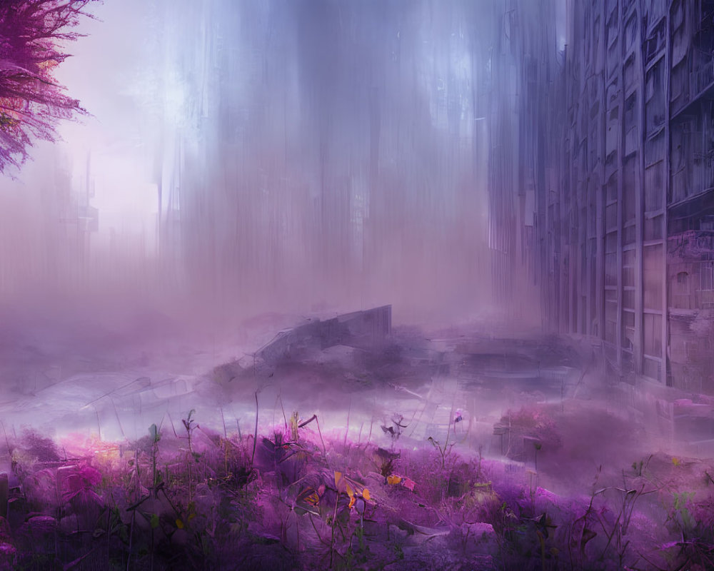 Mystical urban landscape with purple fog, skyscrapers, light trails, and vibrant flora.